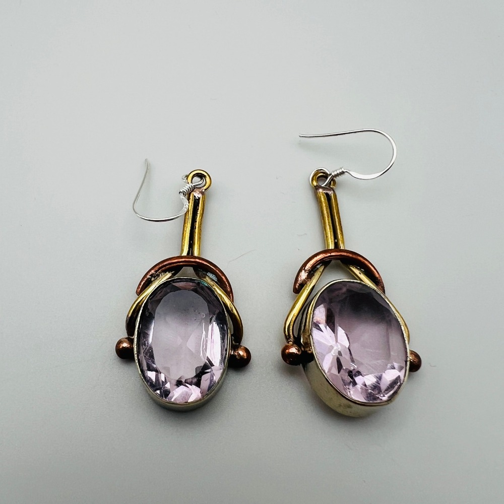 Mixed Metal Faceted Earrings Purple Glass Drop Artisan Boho Dangle‎ Statement